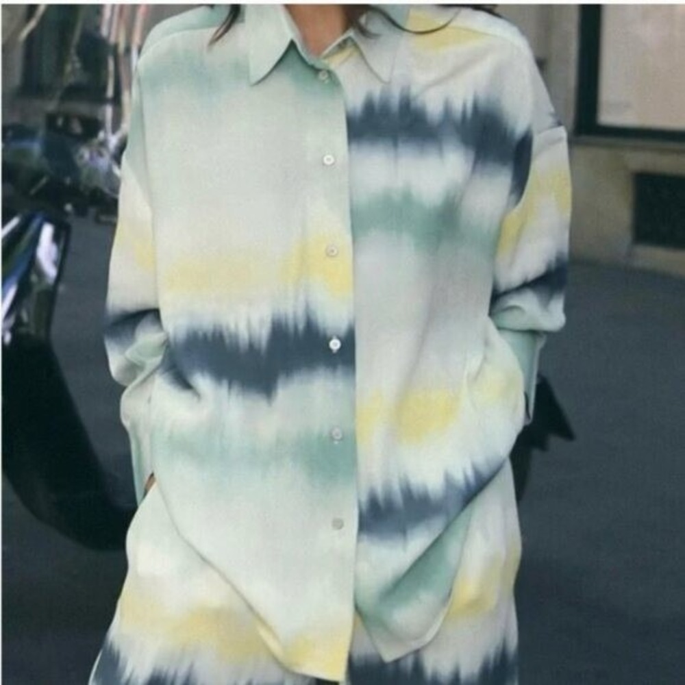 Zara Tie Dye Watercolor Oversized Button Down Shirt Green Blue Yellow NWT M